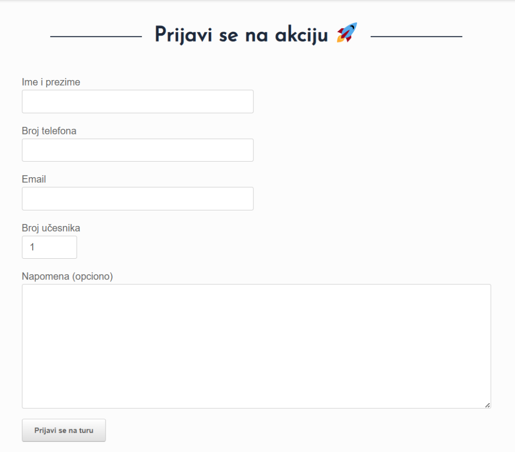 Izgled formulara za on-line priojavu na akciju.